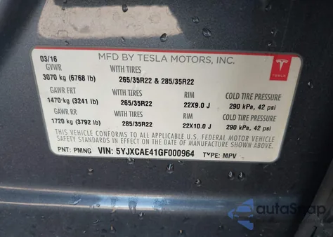 2016 Tesla Model X 60D/P100D/P90D from USA, damaged, VIN 5YJXCAE41GF000964